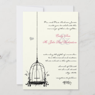 Vintage Bird Cage Red Accents Wedding Invitations