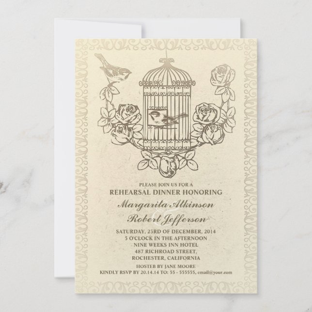 vintage bird cage rehearsal dinner invitations (Front)