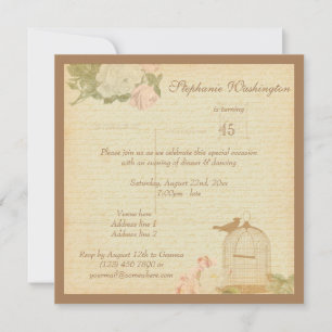 Vintage Bird Cage & Roses 45th Birthday Invitation