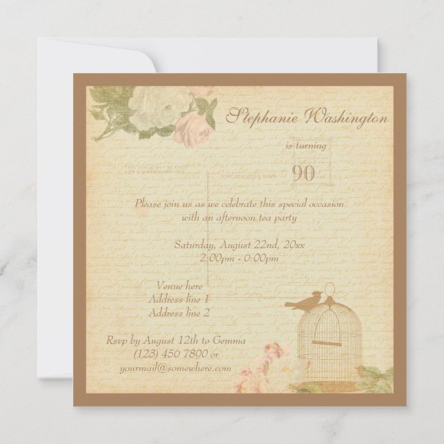 Vintage Bird Cage & Roses 90th Birthday Invitation (Back)