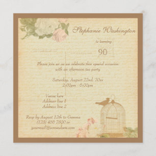 Vintage Bird Cage & Roses 90th Birthday Invitation