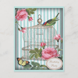 Vintage Bird, Cage & Roses Birthday Party Invitation