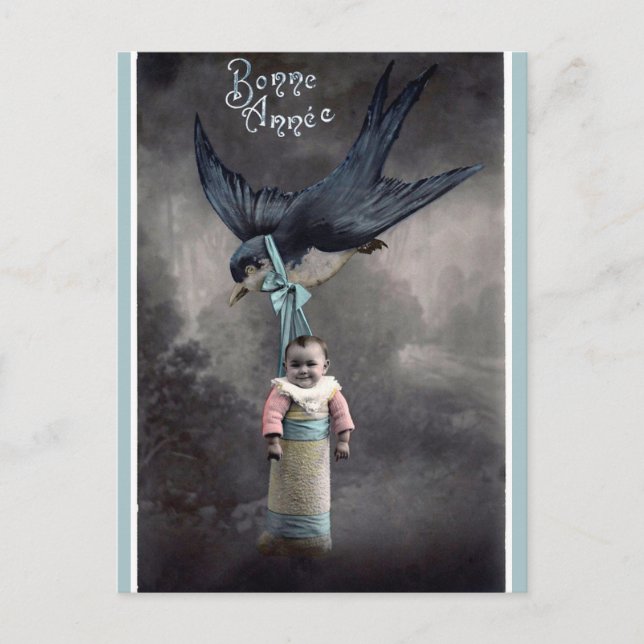 Vintage Bird Carrying Baby Happy New Year Postcard (Front)