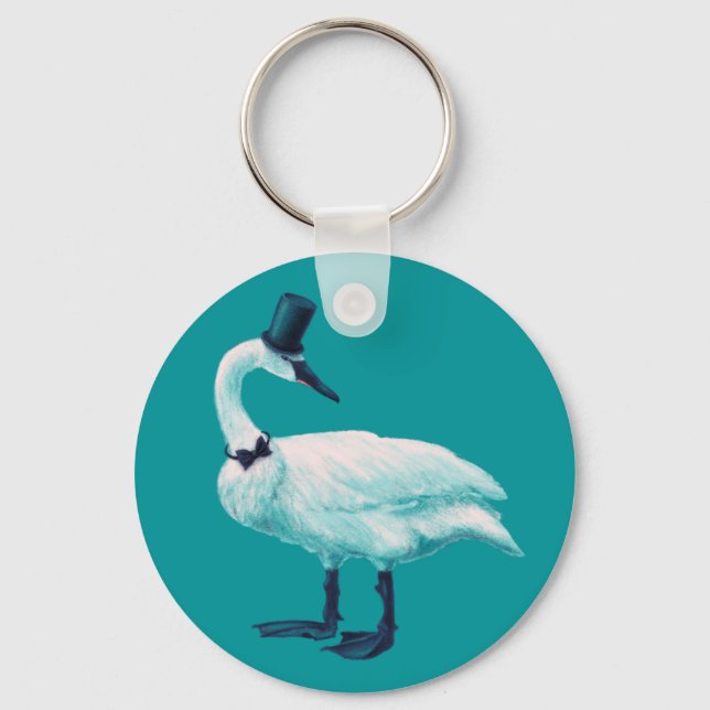 Vintage Bird Chic: Gentleman in Bow Tie Top Hat Key Ring (Front)