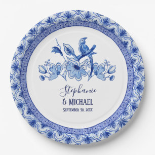 Vintage Bird Chinoiserie Navy Bl Floral Watercolor Paper Plate