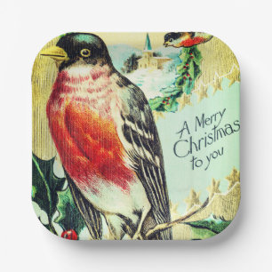 Vintage bird Christmas Holiday Paper Plate
