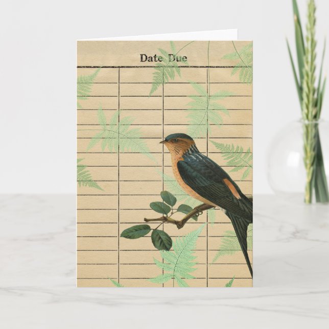 Vintage Bird Date Due Digital Art Holiday Card (Front)