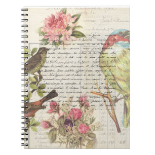 Vintage Bird Decoupage Botanical  Grosgrain Ribbon Notebook