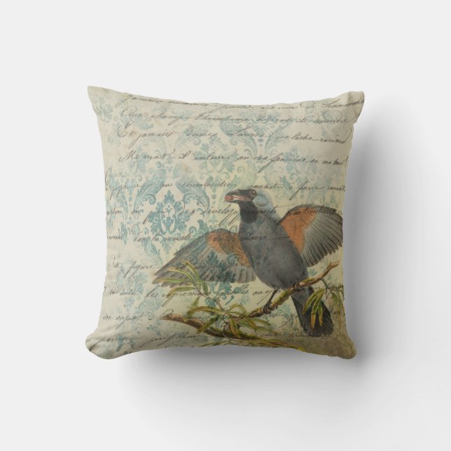 Vintage Bird Ephemera Decoupage Cushion | Elegant  (Front)