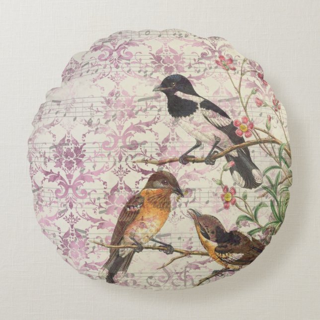 Vintage Bird Ephemera Round Pillow (Front)