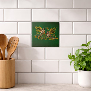 Vintage Bird Floral Green Ceramic Tile