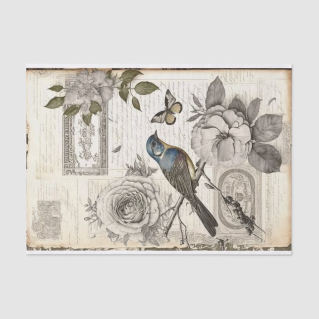 Vintage Bird Floral Text Decoupage Tissue Paper (Front)