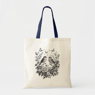Vintage Bird Floral Wreath Sketch Art Tote Bag