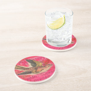Vintage bird mixed media coaster