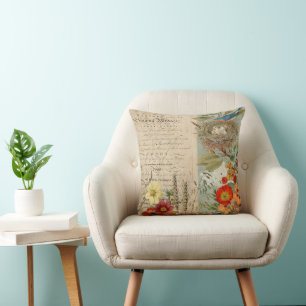 Vintage Bird Nest Fall Foliage Floral Blue Orange Cushion
