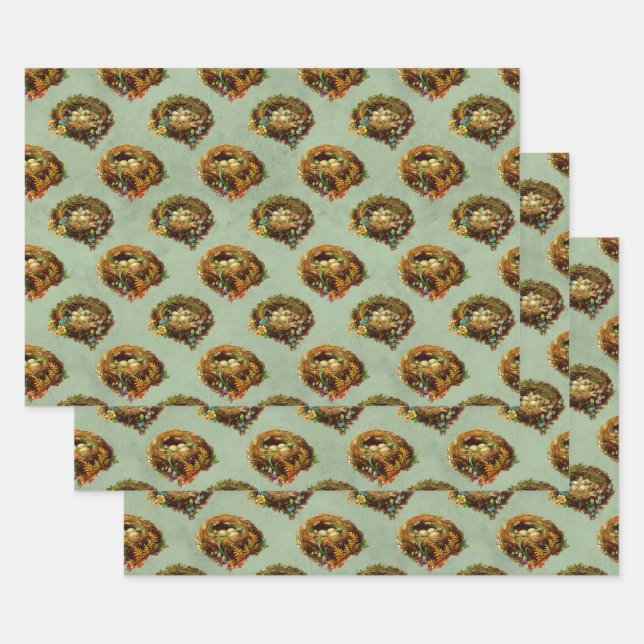 Vintage Bird Nests and Eggs Wrapping Paper Sheet (Set)