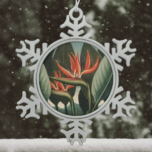 Vintage Bird of Paradise Botanical Temple of Flora Snowflake Pewter Christmas Ornament