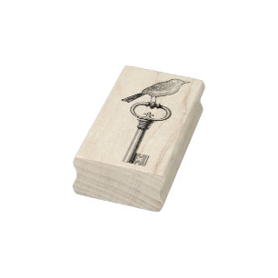 Vintage Bird on a Key Rubber Stamp Art