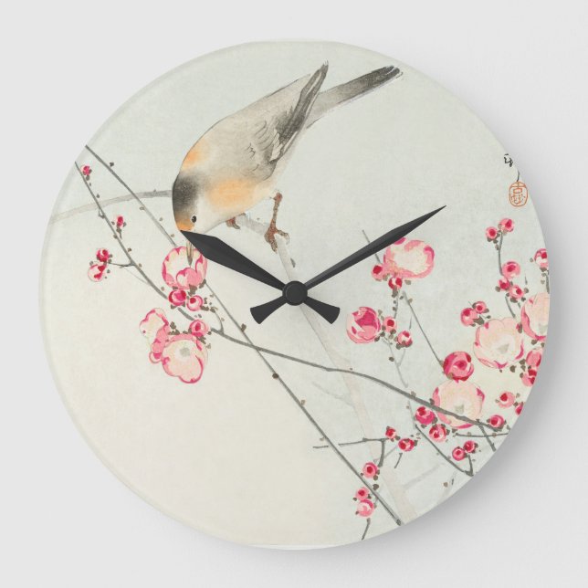 Vintage bird on blossom branch large clock (Front)