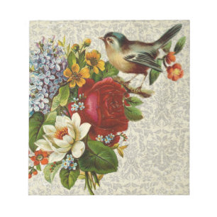 Vintage Bird On Flowers Notepad