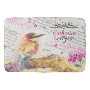 Vintage bird on tree pink flowers decoupage   bath mat