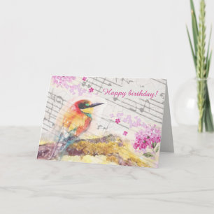 Vintage bird on tree pink flowers decoupage card