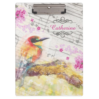 Vintage bird on tree pink flowers decoupage  clipboard