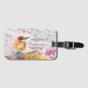 Vintage bird on tree pink flowers decoupage luggage tag