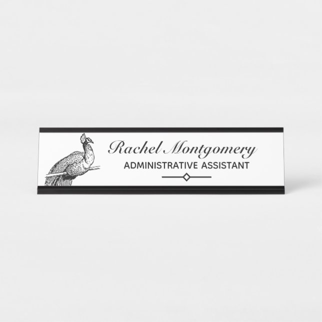 Vintage Bird Peacock Illustration | Personalised Desk Name Plate (Front)