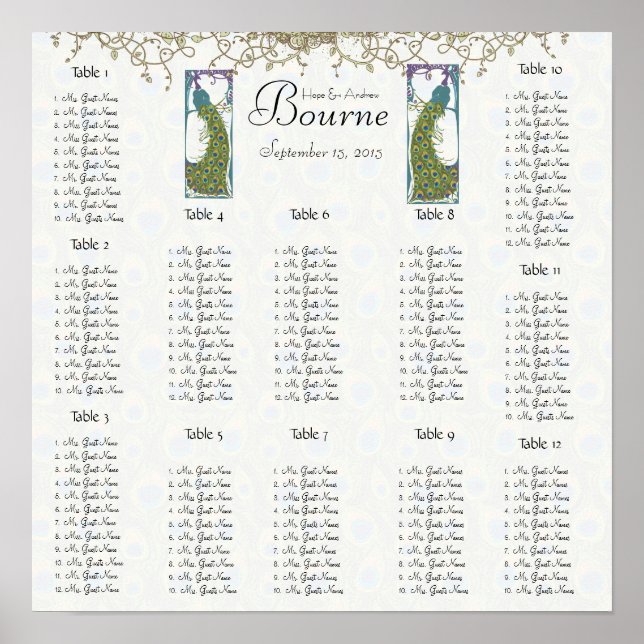 Vintage Bird Peacock Seating Chart 12 Tables (Front)