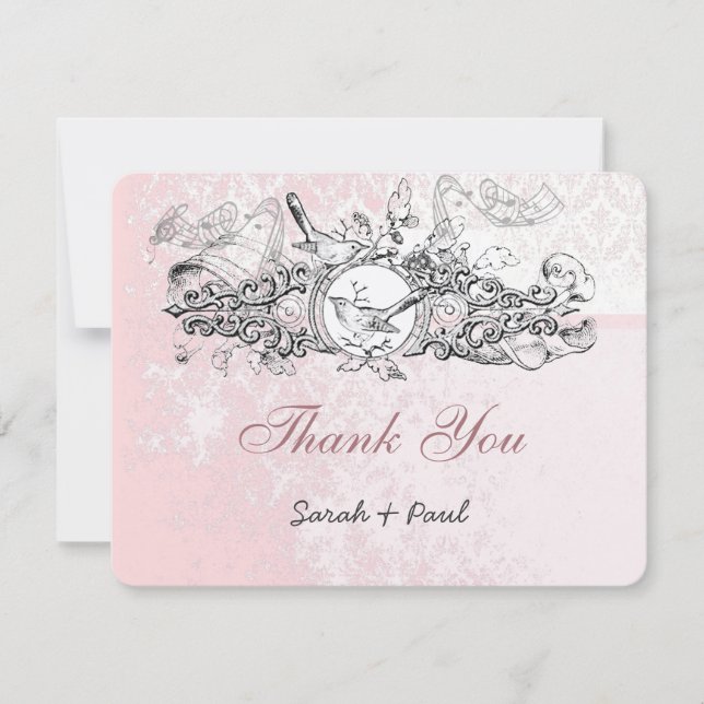 Vintage Bird Pink Musical Scroll Wedding Thank You (Front)