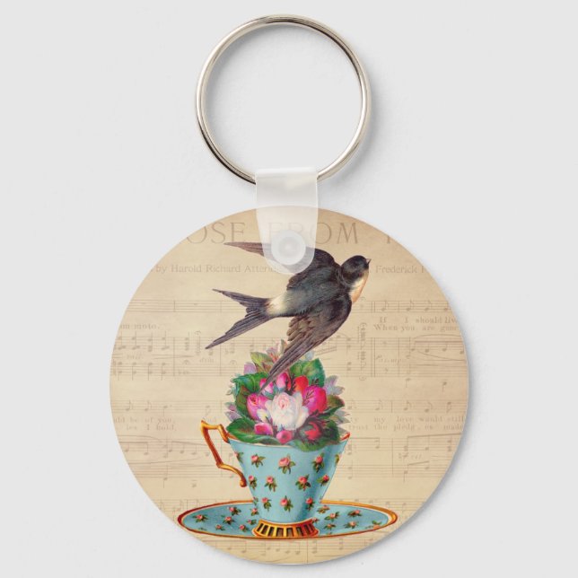 Vintage Bird, Roses, and Teacup Key Ring (Front)