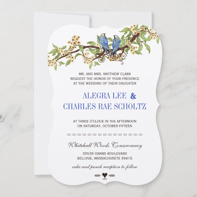 Vintage Bird Royal Blue Cherry Blossom Wedding Invitation (Front)