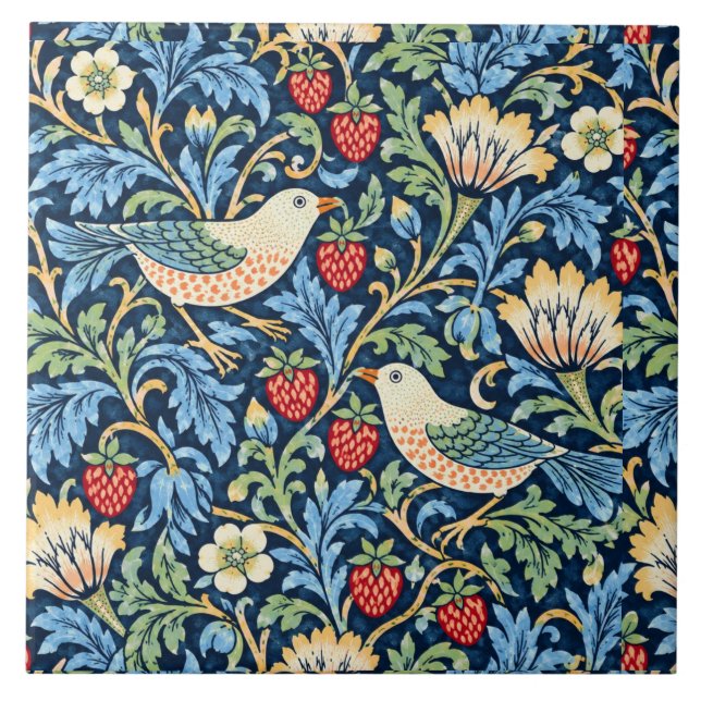 Vintage Bird, Strawberry & Floral Pattern Ceramic Tile (Front)