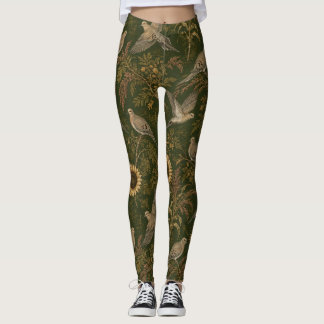Vintage Bird & Sunflower Pattern | Dark Green Bota Leggings