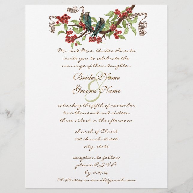Vintage Bird Teal & Red Wedding Invitations (Front)