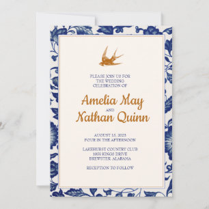 Vintage Bird Wedding Invitation in Elegant Blue