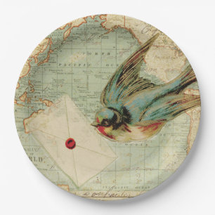 Vintage Bird with letter on an antique map  Paper Plate