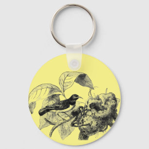 vintage bird with nest tree art illustration key ring