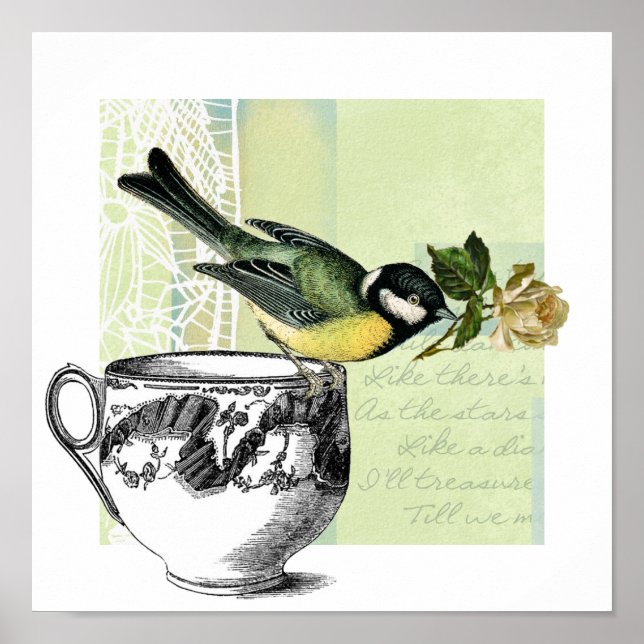 Vintage Bird with Rose Collage Art Print (Front)