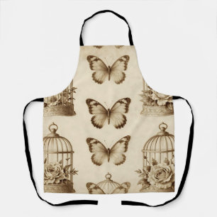 Vintage Birdcage Butterfly Rose Sepia Pattern Apron