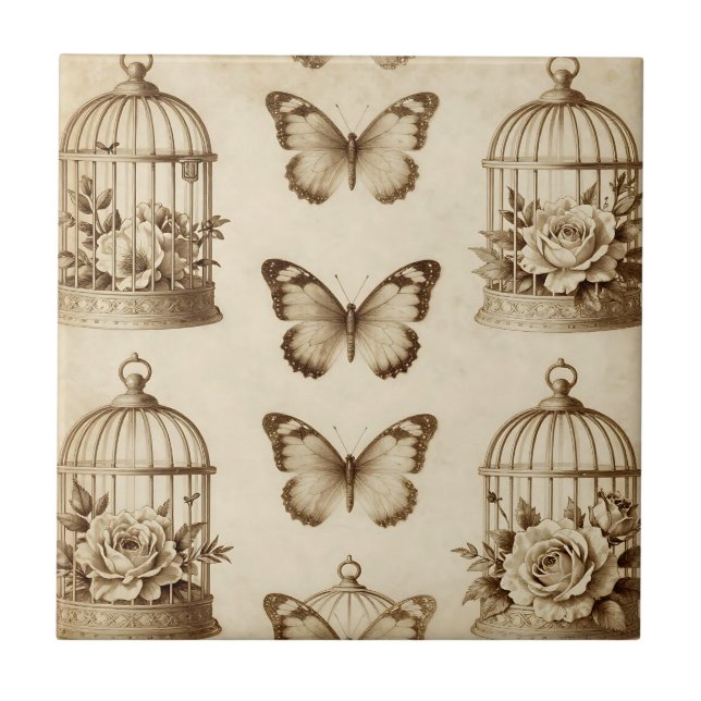 Vintage Birdcage Butterfly Rose Sepia Pattern Ceramic Tile (Front)