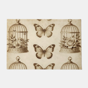 Vintage Birdcage Butterfly Rose Sepia Pattern Doormat