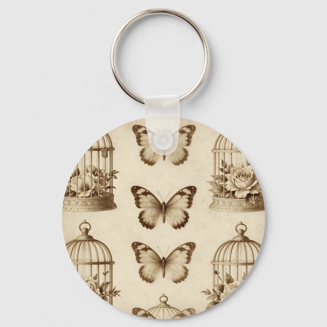 Vintage Birdcage Butterfly Rose Sepia Pattern Key Ring (Front)