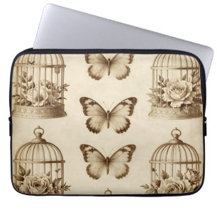 Vintage Birdcage Butterfly Rose Sepia Pattern Laptop Sleeve