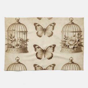 Vintage Birdcage Butterfly Rose Sepia Pattern Tea Towel