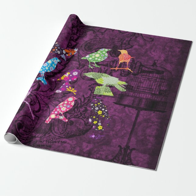 Vintage Birdcage & Colourful Birds Wrapping Paper (Unrolled)
