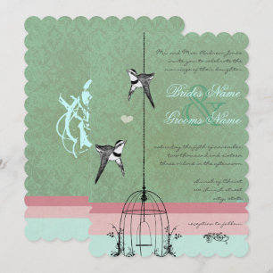 Vintage BirdCage Pea Pod Coral Wedding Love Birds Invitation