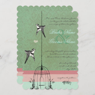 Vintage BirdCage Pea Pod Coral Wedding Love Birds Invitation