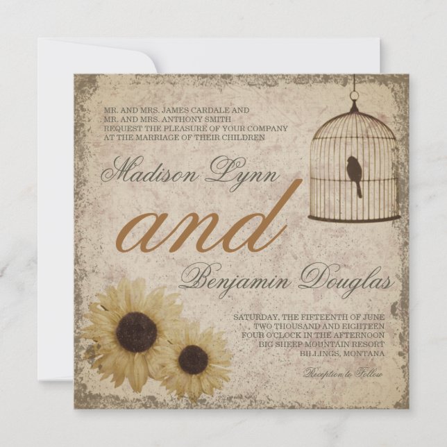 Vintage Birdcage Sunflowers Rustic Wedding Invite (Front)